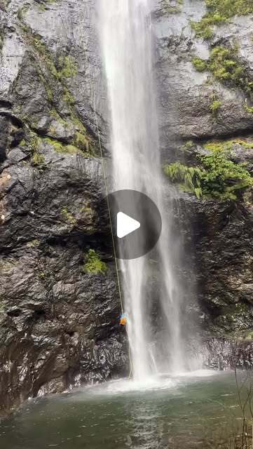 Person rappelling beside a tall waterfall into a pool below.